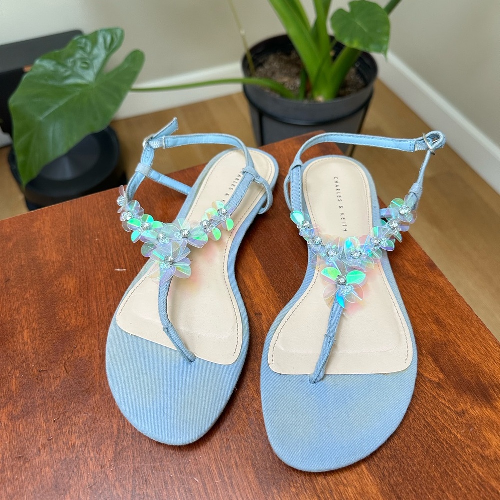 Charles & Keith Light Blue Floral Embellished Sandals